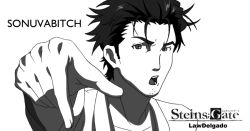 Rule 34 | &gt;:d, 1boy, 5pb., :d, artist name, chuunibyou, collarbone, greyscale, lawdelgado, looking at viewer, monochrome, nitroplus, okabe rintarou, open mouth, parody, profanity, science adventure, smile, steins;gate, v-shaped eyebrows, white background