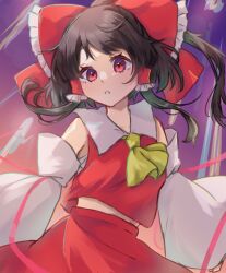 Rule 34 | 1girl, arms up, ascot, bare shoulders, black hair, bow, breasts, collarbone, commentary request, contrapposto, cowboy shot, detached sleeves, floating hair, frilled bow, frilled hair tubes, frills, gradient background, hair bow, hair tubes, hakurei reimu, highres, light blush, long sleeves, midriff, orange background, parted lips, purple background, red bow, red eyes, red skirt, red vest, sarashi, short hair with long locks, simple background, skirt, skirt set, sleeves past wrists, small breasts, solo, swept bangs, teeth, touhou, uchiyasa, vest, wide sleeves, wing collar, yellow ascot