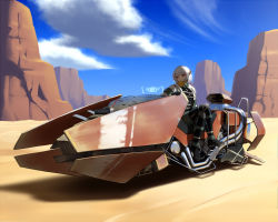 Rule 34 | 1girl, cliff, cloud, commentary, day, desert, guitar case, holographic interface, instrument case, maku ro, original, outdoors, red eyes, science fiction, short hair, silver hair, sitting, sky, solo, vehicle