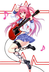 Rule 34 | 10s, 1girl, angel beats!, ass, female focus, full body, guitar, highres, hinata sora, instrument, legs, long hair, musical note, pink eyes, pink hair, quaver, school uniform, serafuku, solo, twintails, two side up, white background, yui (angel beats!)