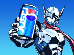 Rule 34 | 1boy, can, digimon, digimon (creature), drink can, justimon, looking at viewer, male focus, parody, pepsiman, scarf, soda, soda can, solo