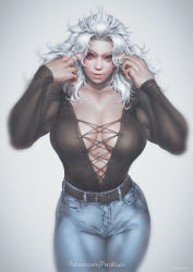 Rule 34 | 1girl, abs, adjusting hair, belt, breasts, cowboy shot, denim, dorohedoro, highres, jeans, kuon (kwonchanji), large breasts, lips, long hair, long sleeves, muscular, muscular female, noi (dorohedoro), nose, pants, realistic, red eyes, solo