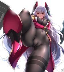 Rule 34 | 1girl, akatsuki akane, blue oath, bodystocking, breasts, cameltoe, cleft of venus, covered erect nipples, femdom, high heels, large breasts, long hair, looking at viewer, navel, red eyes, scharnhorst (blue oath), stepped on, stepping, very long hair, white hair