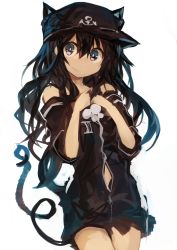 Rule 34 | 1girl, absurdres, akatsuki (kancolle), animal ears, black hair, black shirt, cat ears, cat tail, cowboy shot, flat cap, hair between eyes, hands on own chest, hat, highres, kaamin (mariarose753), kantai collection, kemonomimi mode, long hair, looking at viewer, off shoulder, purple eyes, shirt, simple background, smile, solo, tail, white background