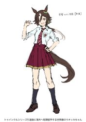 Rule 34 | 1girl, :d, animal ears, black socks, brown footwear, brown hair, collared shirt, commentary request, diagonal-striped clothes, diagonal-striped necktie, full body, hair over one eye, hand on own hip, highres, horse ears, horse girl, horse tail, kneehighs, multicolored hair, nayuta ggg, necktie, open mouth, pleated skirt, pointing, pointing at self, purple skirt, red necktie, shirt, shoes, short sleeves, simple background, sketch, skirt, smile, socks, solo, streaked hair, striped clothes, tail, translation request, umamusume, v-shaped eyebrows, vodka (umamusume), white background, white hair, white shirt
