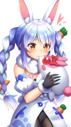 Rule 34 | 1girl, animal ear fluff, animal ears, black gloves, black leotard, blue hair, blush, bow, braid, brown eyes, carrot hair ornament, character request, closed mouth, commentary request, detached sleeves, dress, food-themed hair ornament, fur-trimmed gloves, fur trim, gloves, hair bow, hair ornament, heart, highres, holding, hololive, leotard, long hair, multicolored hair, noshimasa, puffy short sleeves, puffy sleeves, rabbit ears, rabbit tail, red bow, short eyebrows, short sleeves, simple background, smile, strapless, strapless dress, strapless leotard, symbol-shaped pupils, thick eyebrows, twin braids, twintails, two-tone hair, usada pekora, usada pekora (1st costume), very long hair, virtual youtuber, white background, white bow, white dress, white hair, white sleeves