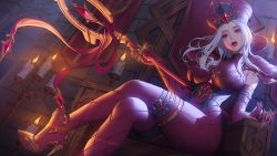 Rule 34 | 1girl, armor, candle, fire, fire, from below, gloves, heroes of the storm, high heels, highres, indoors, love cacao, official art, pauldrons, red eyes, red footwear, red gloves, red headwear, red legwear, red lips, sally whitemane, shoulder armor, sitting, staff, thigh strap, thighlet, throne, warcraft, white hair, world of warcraft