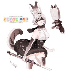 Rule 34 | 10s, 1girl, :3, adapted costume, animal ears, bad id, bad pixiv id, bare shoulders, blindfold, bow, bowtie, cosplay, covered eyes, cropped legs, elbow gloves, facing viewer, gloves, high-waist skirt, highres, holding, holding sword, holding weapon, kemono friends, logo parody, misty (misty2131), mole, mole under mouth, nier (series), nier:automata, parody, pod (nier:automata), print bow, print bowtie, print neckwear, print skirt, serval (kemono friends), serval (kemono friends) (cosplay), serval tail, shirt, short hair, simple background, skirt, sleeveless, sleeveless shirt, solo, sword, tail, thighhighs, title parody, weapon, white background, white shirt, 2b (nier:automata)