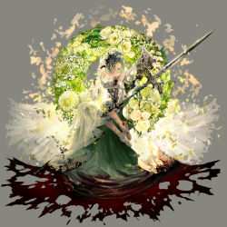 Rule 34 | 1girl, absurdres, barefoot, blood, blood on face, blood on clothes, bridal gauntlets, bridal veil, bride, copyright request, cover, cover page, dress, green dress, green eyes, grey hair, halberd, highres, isekai goumonhime, official art, polearm, sitting, solo, ukai saki, veil, weapon, wedding dress, wreath