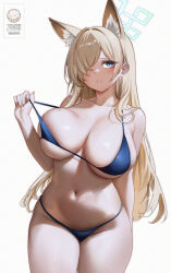 1girl absurdres alternate_costume animal_ear_fluff animal_ears arm_behind_head artist_logo bikini blonde_hair blue_archive blue_bikini blue_eyes blue_halo blush breasts cowboy_shot dog_ears dog_girl extra_ears facebook_logo fingernails frieren hair_behind_ear hair_over_one_eye halo highres instagram_logo kanna_(blue_archive) large_breasts logo long_bangs long_fingernails long_hair looking_at_viewer navel notched_ear one_eye_covered parted_bangs parted_lips patreon_logo pixiv_logo seba_(alboldkm) simple_background skindentation solo sousou_no_frieren standing stomach strap_pull string_bikini swimsuit teeth twitter_x_logo unaligned_breasts underboob very_long_hair white_background