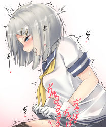 Rule 34 | 1girl, absurdres, blue eyes, breasts, clothes lift, clothes pull, commentary request, gloves, grey skirt, hair ornament, hairclip, hamakaze (kancolle), highres, implied cunnilingus, implied sex, kantai collection, kiritto, large breasts, looking to the side, open mouth, pantyhose, pantyhose pull, pleated skirt, sailor collar, school uniform, serafuku, short hair, short sleeves, silver hair, simple background, skirt, skirt lift, solo, striped clothes, striped skirt, suggestive fluid, trembling, upper body, white background, white gloves