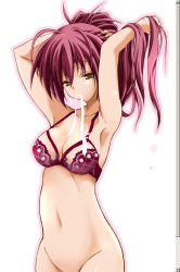 Rule 34 | 1girl, armpits, arms up, bottomless, bra, breasts, cleavage, fake scrollbar, hairdressing, large breasts, lingerie, long hair, mouth hold, navel, original, out-of-frame censoring, pink hair, ribbon, shibamine takashi, solo, underwear, yellow eyes