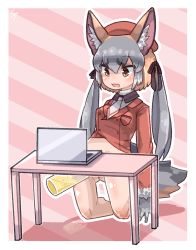 Rule 34 | 1girl, animal ears, bottomless, brown eyes, computer, fox ears, fox girl, fox tail, highres, island fox (kemono friends), kemono friends, kemono friends v project, kneeling, laptop, open mouth, peeing, peeing in bottle, solo, table, tail