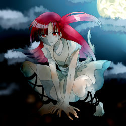 Rule 34 | 1girl, all fours, ankle lace-up, bad id, bad pixiv id, barefoot, cross-laced footwear, dress, highres, inzm11p, long hair, magi the labyrinth of magic, moon, morgiana, night, night sky, red eyes, red hair, side ponytail, sky, sleeveless, sleeveless dress, solo
