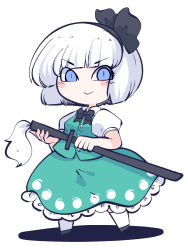 Rule 34 | 1girl, black footwear, black hairband, black ribbon, blue eyes, blush stickers, chahan (fried rice0614), closed mouth, collared shirt, full body, green skirt, green vest, hair ribbon, hairband, highres, holding, holding sword, holding weapon, katana, konpaku youmu, one-hour drawing challenge, puffy short sleeves, puffy sleeves, ribbon, sheath, sheathed, shirt, shoes, short hair, short sleeves, simple background, skirt, smile, socks, solo, sword, touhou, vest, weapon, white background, white hair, white shirt, white socks