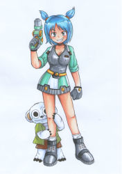 Rule 34 | 1girl, 1other, absurdres, bear, blue eyes, blue hair, breasts, cleavage, full body, fur, gloves, grey gloves, gun, handgun, highres, holding, holding weapon, jet force gemini, looking at viewer, medium breasts, sakutatsu, shirt, shoes, short hair, simple background, skirt, smile, solo focus, standing, tribal (jet force gemini), twintails, vela (jet force gemini), weapon, white background
