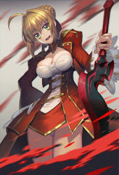 Rule 34 | 10s, 1girl, aestus estus, ahoge, blonde hair, braid, breasts, buttons, cleavage, double-breasted, dress, epaulettes, fate/extra, fate/grand order, fate (series), french braid, frilled sleeves, frills, green eyes, grey background, hair bun, hair ribbon, hand on own hip, highres, holding, holding sword, holding weapon, long sleeves, looking at viewer, madyy, medium breasts, nero claudius (fate), nero claudius (fate) (all), nero claudius (fate/extra), open mouth, panties, pantyshot, petals, puffy long sleeves, puffy sleeves, red dress, red petals, red ribbon, ribbon, rose petals, single hair bun, sword, teeth, underwear, weapon, white panties, wide sleeves