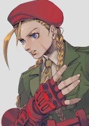 Rule 34 | 1girl, adjusting clothes, adjusting gloves, alternate costume, antenna hair, beret, blonde hair, blue eyes, braid, cammy white, eyelashes, fingerless gloves, gloves, hat, hatami (grcl0159), highres, lips, long braid, long hair, military, military uniform, necktie, nose, padded gloves, parted lips, portrait, red gloves, scar, solo, street fighter, twin braids, uniform