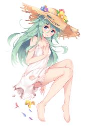 Rule 34 | 10s, 1girl, barefoot, blue eyes, closed mouth, dress, feet, flower hat, green hair, hair between eyes, hair ornament, hairclip, hat, highres, kantai collection, legs, long hair, nahaki, petals, simple background, solo, straw hat, torn clothes, wavy mouth, white background, white dress, yamakaze (kancolle)