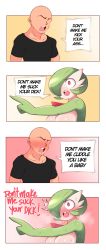 Rule 34 | 1boy, 1girl, absurdres, black shirt, blush, bob cut, breasts, colored skin, comic, creatures (company), english text, faceless, faceless male, game freak, gardevoir, gen 3 pokemon, green hair, green skin, hair over one eye, highres, large breasts, multicolored skin, nintendo, pointing, pokemon, pokemon (creature), red eyes, saltyxodium, shirt, speech bubble, sweat, white skin