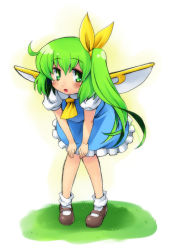 Rule 34 | 1girl, ahoge, ascot, bent over, daiyousei, female focus, green eyes, green hair, kanno, leaning forward, mary janes, matching hair/eyes, ribbon, shoes, side ponytail, solo, touhou, wings