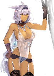 Rule 34 | 1girl, animal ears, artoria pendragon (lancer alter) (fate), artoria pendragon (lancer alter) (royal icing) (fate), black gloves, black thighhighs, breasts, caenis (fate), collarbone, curtain grab, curtains, dark-skinned female, dark skin, eyebrows hidden by hair, fate/grand order, fate (series), gloves, holding, jikihatiman, looking at viewer, necktie, official alternate costume, pointy ears, ponytail, royal icing, simple background, solo, thighhighs, underwear, white background, white hair, yellow eyes