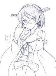 Rule 34 | 10s, 1girl, artist name, bare shoulders, detached sleeves, glasses, headgear, highres, japanese clothes, kanon (kurogane knights), kantai collection, kirishima (kancolle), looking at viewer, monochrome, nontraditional miko, short hair, sketch, smile, solo