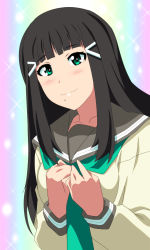 Rule 34 | 1girl, absurdres, aqua eyes, artist name, artist request, black hair, blush, breasts, clenched hands, collarbone, doki2sdale, female focus, green eyes, green neckwear, hair ornament, hairclip, highres, kurosawa dia, long hair, long sleeves, looking at viewer, love live!, love live! sunshine!!, medium breasts, mole, mole under mouth, neckerchief, necktie, neckwear request, parted lips, sailor collar, school uniform, shirt, smile, solo, sparkle, spudere (doki2sdale), upper body, uranohoshi school uniform, white shirt