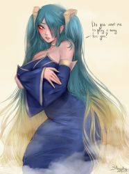 Rule 34 | 1girl, artist name, bare shoulders, blue dress, blue sleeves, blush, breasts, collar, detached sleeves, dress, english text, green hair, hair ornament, hair over one eye, kneeling, large breasts, league of legends, long hair, looking at viewer, multicolored hair, parted lips, simple background, sleepingsol, solo, sona (league of legends), twintails, two-tone hair, very long hair, white background