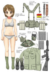 Rule 34 | 1girl, assault rifle, blush, boots, unworn boots, bra, breasts, brown eyes, brown gloves, brown hair, camouflage, closed mouth, unworn clothes, commentary request, ebifly, english text, gloves, goggles, green socks, grey bra, grey panties, gun, hat, highres, knife, medium breasts, military, military uniform, navel, original, panties, pouch, rifle, short hair, simple background, socks, solo, standing, underwear, uniform, watch, weapon, white background, wristwatch