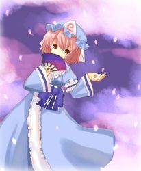 Rule 34 | 1girl, bad id, blue dress, blue hat, brown eyes, cherry blossoms, covering own mouth, dress, female focus, frilled shirt collar, frills, hand fan, hat, japanese clothes, long sleeves, looking at viewer, mob cap, petals, pink hair, saigyouji yuyuko, sash, short hair, solo, touhou, triangular headpiece, wide sleeves, yuzuki (yuduame)