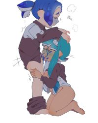 Rule 34 | 1boy, 1girl, blue hair, blush, bottomless, breasts, breasts out, closed eyes, clothes pull, crybleat, cum, cum in mouth, domino mask, fellatio, functionally nude, glasses, green hair, hetero, inkling player character, kneeling, mask, medium breasts, navel, nintendo, oral, pants, pants pull, penis, pointy ears, sex, shirt, splatoon (series), tentacle hair, uncensored, white background