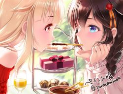 Rule 34 | 10s, 2girls, black hair, blonde hair, blue eyes, box, casual, chocolate, commentary request, face-to-face, food, gift, gift box, hair flaps, hair ornament, head rest, kantai collection, licking, multiple girls, paint musume, pocky, pocky day, pocky kiss, red eyes, shared food, shigure (kancolle), tiered tray, tongue, tongue out, twitter username, yuri, yuudachi (kancolle)