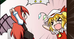 Rule 34 | &gt; &lt;, 0 0, 2girls, :d, > <, arms up, ascot, bat wings, black skirt, black vest, blonde hair, bow, chibi, commentary request, dress shirt, emphasis lines, fangs, flandre scarlet, frills, hair between eyes, hat, hat bow, head wings, jaw drop, juliet sleeves, koakuma, long hair, long sleeves, mob cap, multiple girls, open mouth, pink background, puffy short sleeves, puffy sleeves, rakugaki-biyori, red hair, shirt, short sleeves, side ponytail, sideways mouth, simple background, skirt, skirt set, smile, touhou, v-shaped eyebrows, very long hair, vest, wings, xd, yellow ascot