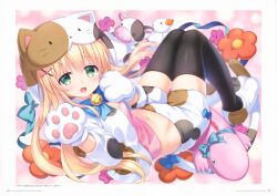 Rule 34 | 1girl, 2020, :d, absurdres, animal costume, animal hands, bell, black thighhighs, blonde hair, blue bow, blush, bow, breasts, cat costume, cleavage, company name, copyright name, dated, foot out of frame, gloves, green eyes, hair between eyes, hair ornament, happy, highres, hood, hood up, jingle bell, knees together feet apart, knees up, long hair, long sleeves, looking at viewer, lying, nagayama yuunon, navel, neck bell, official alternate costume, official art, on back, open clothes, open mouth, open shirt, paw gloves, pink background, ringed eyes, scan, shirt, shorts, sidelocks, simple background, skindentation, small breasts, smile, solo, stuffed animal, stuffed cow, stuffed crocodile, stuffed duck, stuffed toy, summer pockets, thigh gap, thighhighs, thighs, tsumugi wenders, twintails, waving, white shirt, white shorts, x hair ornament, zettai ryouiki