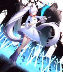 Rule 34 | 1girl, absurdly long hair, armor, crimson k night, closed eyes, full body, helic (7317helic), holding, holding sword, holding weapon, long hair, ponytail, rapier, rwby, solo, sword, very long hair, vippo, weapon, weiss schnee, white hair