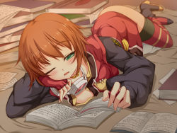 Rule 34 | 00s, 1girl, book, brown hair, colorized, goggles, green eyes, lying, noumin, on stomach, one eye closed, open book, open clothes, open shirt, rita mordio, saliva, shirt, solo, tales of (series), tales of vesperia, thighhighs, toron (mino106)