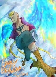 Rule 34 | 1boy, ajtm007, animal feet, beard, blonde hair, blue pants, blue sash, blue theme, commentary request, facial hair, fiery wings, happy birthday, harpy boy, highres, looking to the side, male focus, marco (one piece), monster boy, one piece, pants, purple shirt, sash, shirt, solo, wings