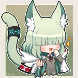 1girl :d animal_ear_fluff animal_ears arknights black_ribbon blunt_bangs blush border buttons cardigan chibi coat coat_on_shoulders commentary_request covered_eyes cropped_torso fang gradient_background green_background green_hair green_tail grey_border grey_cardigan hair_over_eyes hand_to_own_mouth harmonie_(arknights) highres hood hood_down hooded_coat infection_monitor_(arknights) long_hair long_sleeves neck_ribbon open_mouth outline outside_border ribbon shirt skin_fang smile solo sparkle tail tail_raised th3cr0ma w white_coat white_outline white_shirt