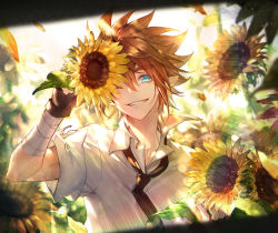 Rule 34 | 1boy, elven ears, flower, looking at viewer, shirt, smile, solo, sunflower