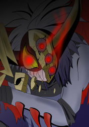 Rule 34 | 1boy, absurdres, artist request, broken mask, claws, crazy eyes, crazy smile, demon wings, digimon, digimon (creature), donedevimon, evil smile, evolution, glowing, glowing eyes, grin, highres, horned mask, horns, long hair, looking at viewer, mask, muscular, neodevimon, pectorals, red wings, shaded face, sharp teeth, smile, teeth, transformation, white hair, wings