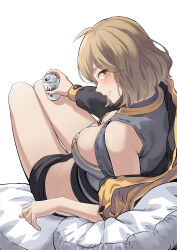 Rule 34 | 1girl, absurdres, ahoge, anis (nikke), asahi breweries, beer can, black jacket, black shorts, breasts, can, commentary, downblouse, drink can, from behind, goddess of victory: nikke, hair between eyes, highres, holding, holding can, jacket, large breasts, light brown hair, long sleeves, looking at viewer, looking back, lying, on back, open clothes, open jacket, pillow, profile, short shorts, shorts, single bare shoulder, smile, solo, thigh gap, thighs, zaino