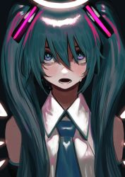 Rule 34 | 1girl, aqua eyes, aqua hair, aqua necktie, arms at sides, bare shoulders, black background, blush, bukimi isan, collared shirt, commentary, crying, crying with eyes open, detached sleeves, detached wings, electric angel (vocaloid), hair over eyes, halo, hatsune miku, headset, highres, lips, long hair, multicolored eyes, necktie, open mouth, shirt, sidelocks, sleeveless, sleeveless shirt, solo, tears, teeth, twintails, upper body, very long hair, vocaloid, white shirt, white wings, wings