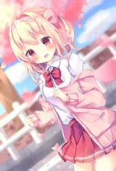 Rule 34 | 1girl, :d, bad id, bad pixiv id, blonde hair, blue sky, blurry, blurry background, blush, bow, bowtie, cardigan, cloud, collared shirt, commentary request, day, depth of field, dutch angle, fence, flower, hair between eyes, hair bow, highres, long hair, long sleeves, looking at viewer, off shoulder, open cardigan, open clothes, open mouth, original, outdoors, petals, pinching sleeves, pink bow, pink cardigan, pink flower, pleated skirt, red bow, red bowtie, red eyes, red skirt, school uniform, shirt, skirt, sky, smile, solo, spring (season), tree, tsuruse, white shirt