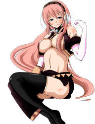Rule 34 | 1girl, armlet, ass, asymmetrical clothes, black thighhighs, blush, breasts, detached sleeves, female focus, headset, large breasts, long hair, megurine luka, midriff, navel, pink hair, side slit, simple background, sitting, skirt, solo, t-key, thighhighs, underboob, very long hair, vocaloid