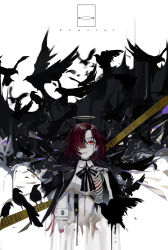 Rule 34 | 1girl, angel, arknights, bird, blackcat enjia, blood, blood from mouth, character name, commentary request, crow, detached wings, energy wings, exusiai (arknights), hair over one eye, halo, highres, open mouth, red eyes, red hair, short hair, skeleton, solo, wings
