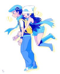 Rule 34 | !, 1boy, 1girl, ;d, alternate color, bare arms, black shirt, black socks, black vest, blue eyes, blue footwear, blue headwear, blue pants, blue scarf, blue skirt, blush, boots, closed mouth, couple, creatures (company), dawn (pokemon), from side, full body, game freak, hair ornament, hairclip, hetero, highres, hug, hug from behind, knee boots, lucas (pokemon), miniskirt, musical note, nintendo, one eye closed, open mouth, pants, poke ball print, pokemon, pokemon dppt, print headwear, sawarabi (sawarabi725), scarf, shirt, short sleeves, skirt, sleeveless, sleeveless shirt, smile, socks, speech bubble, spoken exclamation mark, spoken musical note, sweatdrop, vest, white background, white headwear, white sleeves