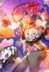 Rule 34 | 2girls, alternate costume, apple caramel, bare shoulders, black gloves, black legwear, blue eyes, bow, breasts, candy, chibi, cleavage, elbow gloves, elizabeth bathory (fate), elizabeth bathory (halloween caster) (fate), fate/grand order, fate (series), food, frills, garter straps, ghost, gloves, hair bow, lollipop, long hair, multiple girls, orange bow, orange eyes, orange hair, pink hair, pointy ears, pumpkin, red gloves, small breasts, smile, thighhighs, two-tone gloves, wrapped candy