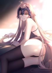 Rule 34 | 1girl, absurdres, artist request, ass, black dress, black panties, black thighhighs, breasts, dress, fate/grand order, fate (series), headpiece, highres, jeanne d&#039;arc (fate), jeanne d&#039;arc alter (avenger) (fate), jeanne d&#039;arc alter (fate), long hair, looking at viewer, lying, medium breasts, on side, panties, parted lips, silver hair, smile, solo, thighhighs, tsurime, underwear, very long hair, yellow eyes, zhenpiaoliang