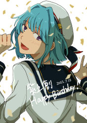 1boy 2021 :d androgynous beret bishounen clenched_hand confetti dated ensemble_stars! hair_intakes hands_up happy_birthday hat highres light_blush looking_back male_focus medium_hair open_hand open_mouth portrait shino_hajime shino_hajime_(2nd_rabbits_uniform) smile solo toma_anst white_background